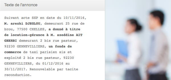 texte annonce location gerance taxi